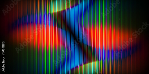 abstract vibrant vertical stripes of light. Neon ripple glass gradient in magenta, ember orange on deep midnight. Sharp ribbed distortion cover template