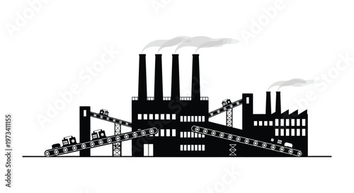 An industrial complex with multiple smokestacks and conveyor belts is depicted in a striking black silhouette high quality professional detailed modern