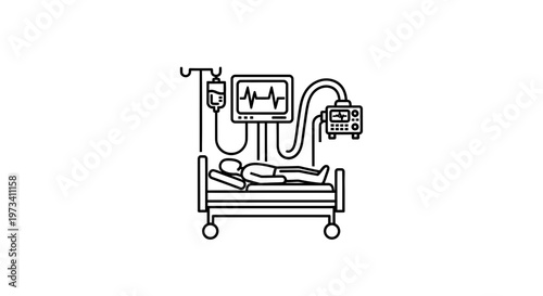 Patient in Hospital Bed with Medical Equipment, Intensive Care Unit Icon