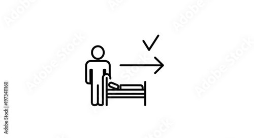 Patient discharged from hospital bed with checkmark and arrow, medical success icon