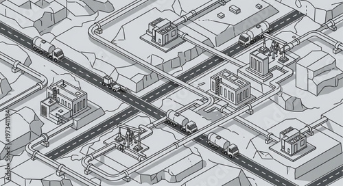 Isometric Monochrome City Map Illustration With Buildings.