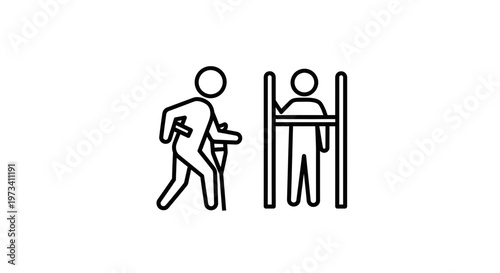 Person with crutches walking past a person standing behind a barrier