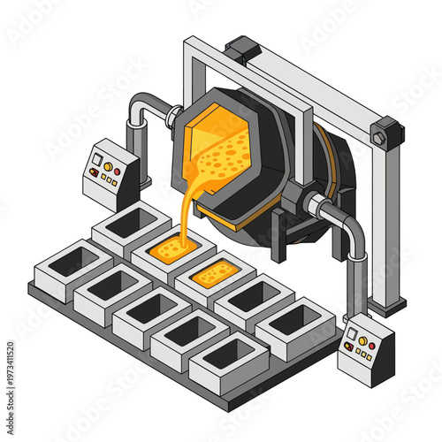 Isometric Illustration of Molten Metal Casting Process in Foundry.