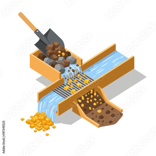 Gold Mining Sluice Box Illustration - Separating Gold from Gravel.