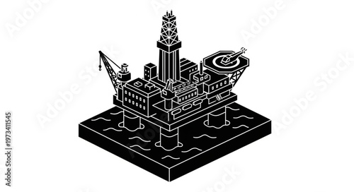 Isometric Offshore Oil Rig Platform Industrial Drilling Structure.