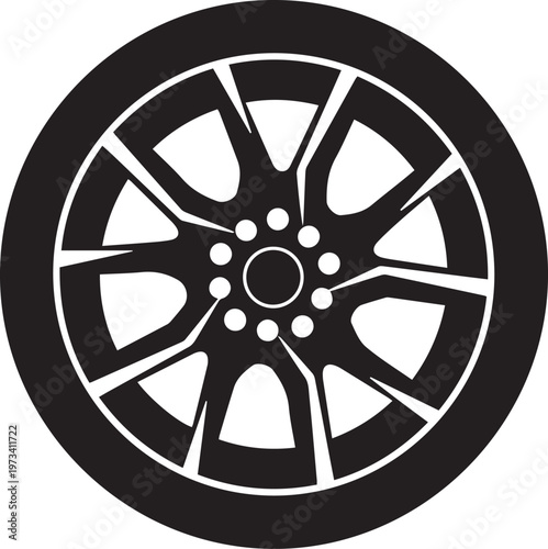 Modern Black Car Wheel Rim Icon on White Background