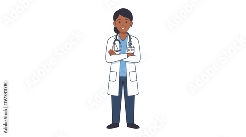 Confident Female Doctor Standing with Crossed Arms, Isolated White Background