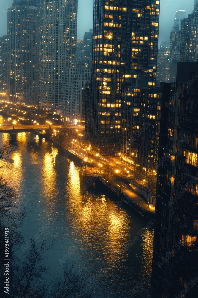 Fototapeta premium moody evening city riverfront with illuminated skyscrapers, glowing bridge and streetlights casting golden reflections on rippling water