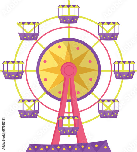 Colorful ferris wheel at an amusement park with bright passenger cabins