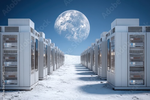 Servers lined up on a snowy surface under a large moon in a night sky