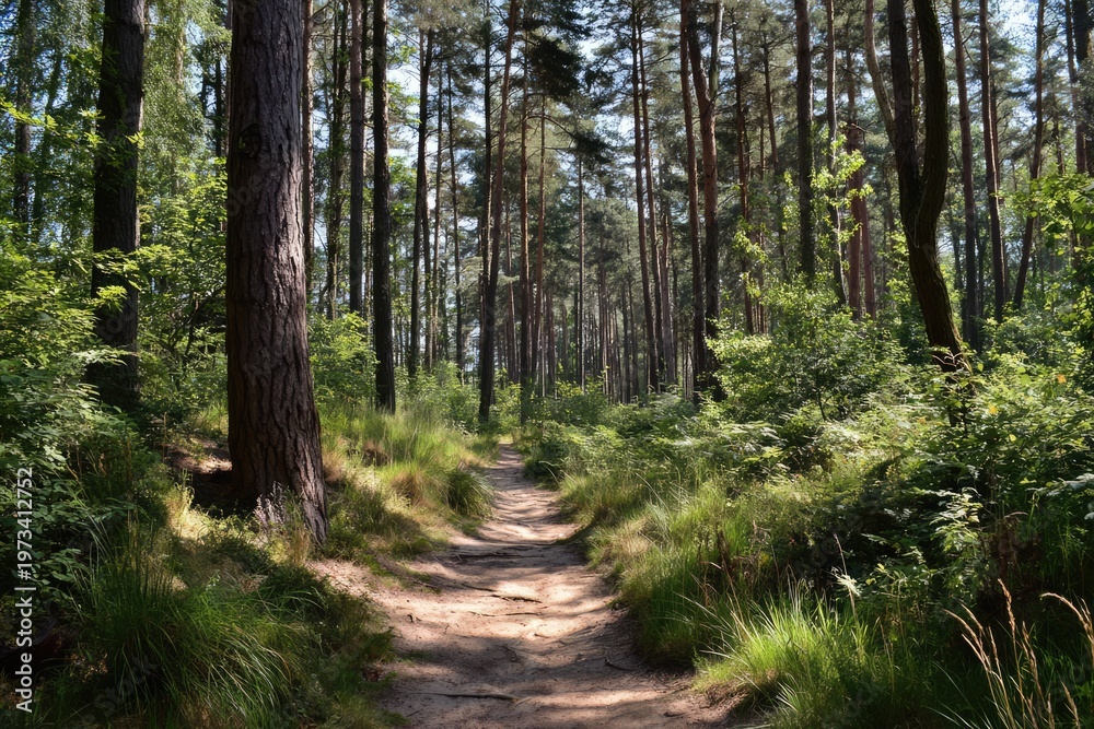 Fototapeta premium Sunlit Forest Path Winding Through Tall Pine Trees.