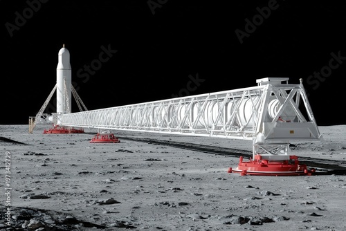 Rocket stands on the lunar surface with long structure extending towards the horizon at a moon landing site in space