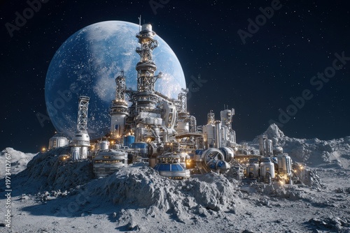 Space colony on the moon surrounded by stars and a large planet in the background during a clear night sky