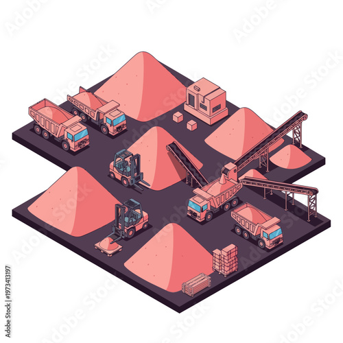 Isometric Sand Quarry Scene with Trucks and Conveyor Belts.