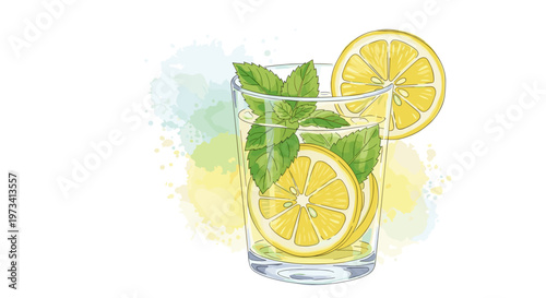 Refreshing detox drink with lemon slices and mint leaves in a glass, watercolor style on a light splattered background