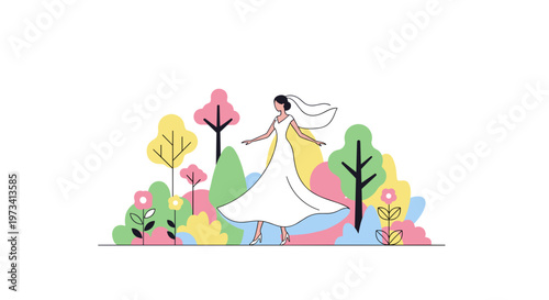 Illustration of a bride joyfully dancing in a colorful garden with stylized trees and flowers on a white background