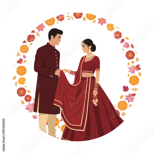 Indian Wedding Couple in Traditional Saree Sherwani Vector Illustration