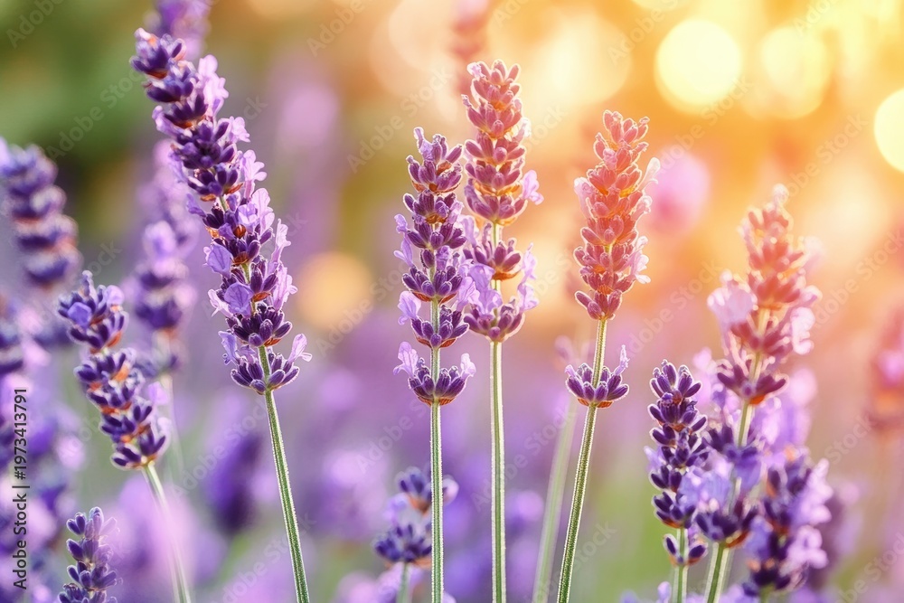 Fototapeta premium close-up of purple lavender flower spikes and green stems with warm golden sunlight bokeh, soft focus background evoking tranquil soothing summer calm