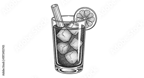 Detailed black and white illustration of a glass filled with tomato juice, ice cubes, and a lemon slice garnish, featuring a straw on a white background