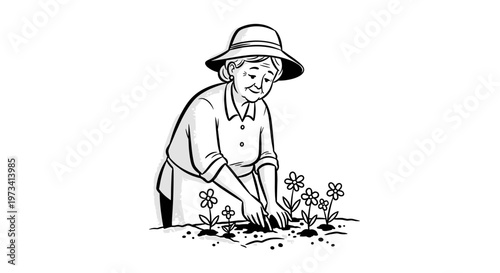 Illustration of an elderly woman gardening, wearing a sun hat and tending to flowers in a monochrome style with a simple background