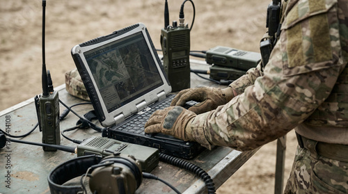 Military Specialist Using Laptop in Field Data Analysis
