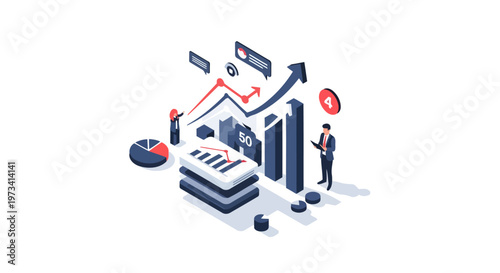 Business professionals analyze market data with various charts in isometric style.