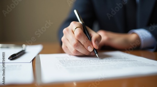 Firma a mano de un acuerdo legal sobre un escritorio, entorno formal, ejecución de un contrato