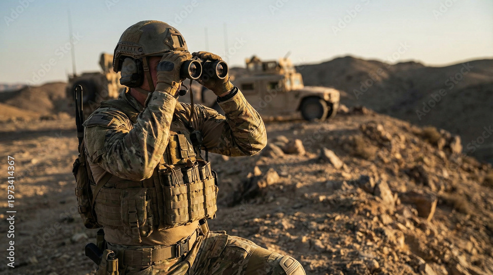 Fototapeta premium Soldier Observing with Binoculars in Desert Surveillance 