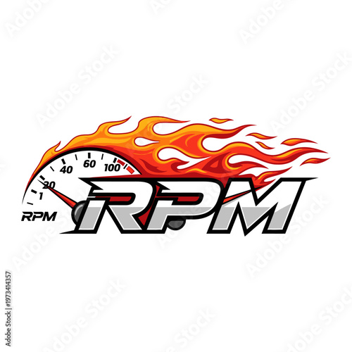 Flaming Tachometer RPM Logo with Speedometer and Fire Elements, isolated white background.