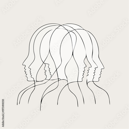 Multiple overlapping human head outlines representing complex thoughts.