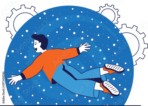 Person diving into a digital universe surrounded by gears and stars