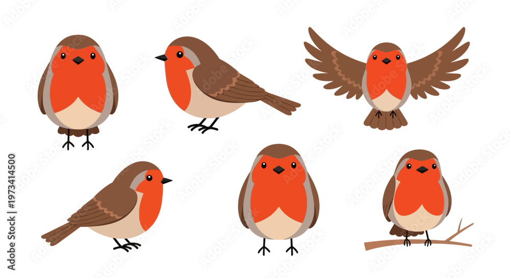Naklejka premium Collection of six red-breasted birds in various poses.