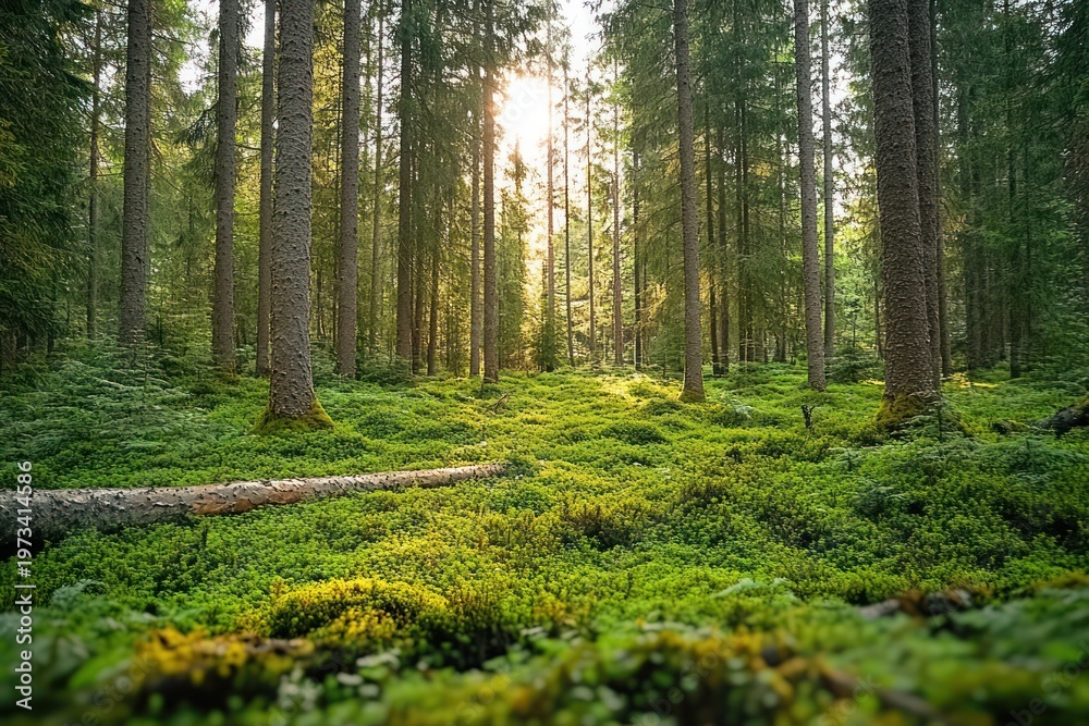Fototapeta premium sunlit evergreen forest with moss-covered floor and fallen log, tranquil serene atmosphere