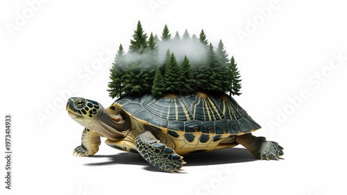 A turtle carrying a forest on its back, symbolizing nature and conservation.