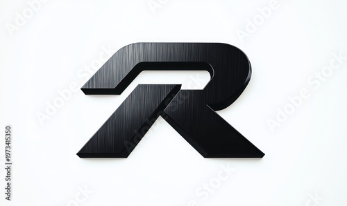 sleek black three-dimensional stylized letter r emblem with brushed metal texture, angular geometric cuts and soft shadow on clean white background, modern bold futuristic mood