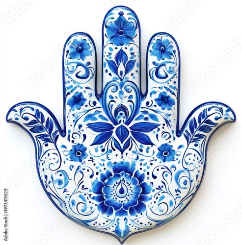 white ceramic hand-shaped wall ornament with intricate cobalt blue floral and leaf motifs, central large blossom and symmetrical detailing, evoking calm and protection