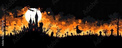 silhouetted haunted castle and graveyard beneath a full moon, bats circling and a lone witch figure on a hill under an eerie orange sky