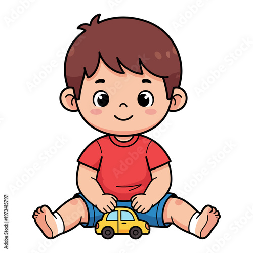 Adorable cartoon boy joyfully playing with a small yellow toy car, sitting happily on the floor, perfect for illustrating childhood imagination and playful learning experiences