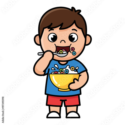 Cute cartoon boy happily eating a bowl of colorful cereal with milk for breakfast, healthy childhood nutrition