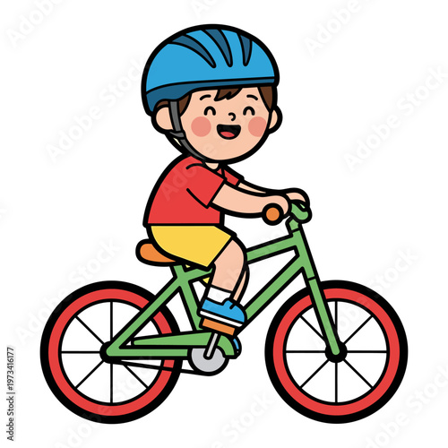 Happy little boy cartoon character riding a bicycle, wearing a protective helmet, enjoying a fun outdoor activity, learning to cycle and staying safe