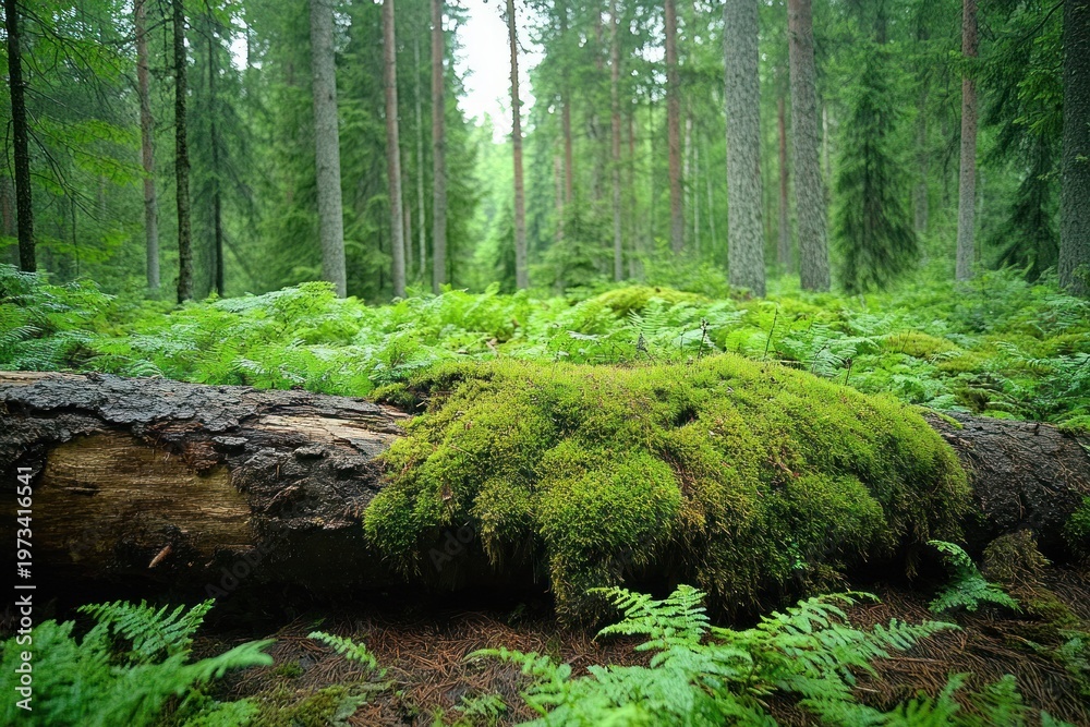 Obraz premium tranquil moss-covered fallen log and ferns in a serene green conifer forest