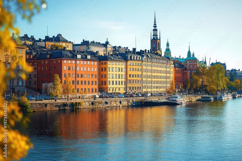 Fototapeta premium serene autumn waterfront with colorful historic buildings, boats on calm water, church spire, golden trees and warm reflections under a clear blue sky