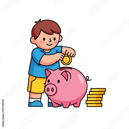 A happy young boy is saving money by putting a coin into a piggy bank, with a stack of coins nearby