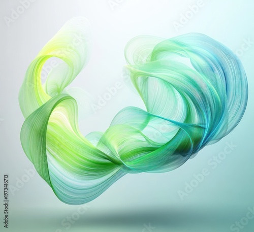 Translucent teal and green ribbon swirl floating above a soft shadow, flowing silky strands forming a graceful loop — calm and airy abstract motion