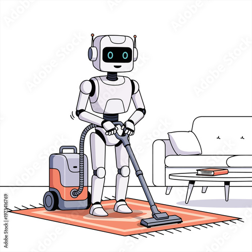 An illustration of a friendly robot vacuuming a rug in a modern living room, showcasing smart home technology and automation