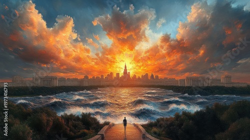 Lone figure walks along a pathway toward turbulent sea and distant city skyline beneath a fiery sunset sky, evoking awe and solitary contemplation