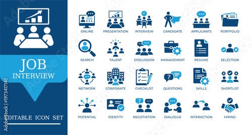Job Interview and Recruitment Icons. Featuring candidate selection, HR management, resume evaluation, and hiring process symbols. Editable vector set for professional career apps