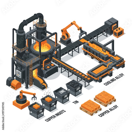 Isometric Illustration of a Metal Casting and Processing Plant.