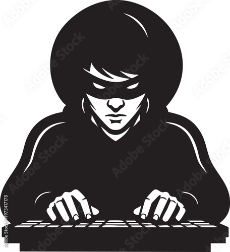 A mysterious individual typing on a laptop with a hood obscuring their face and identity