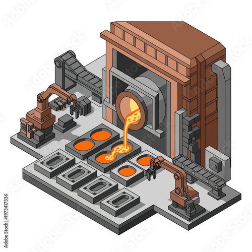 Automated Metal Casting Process with Robotic Arms and Furnace.
